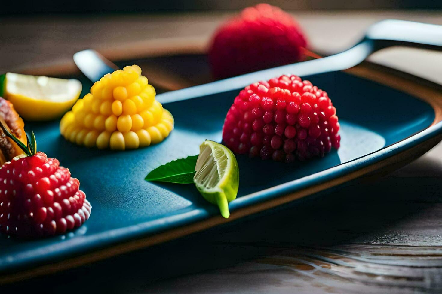 a plate with fruit and a knife. AI-Generated photo