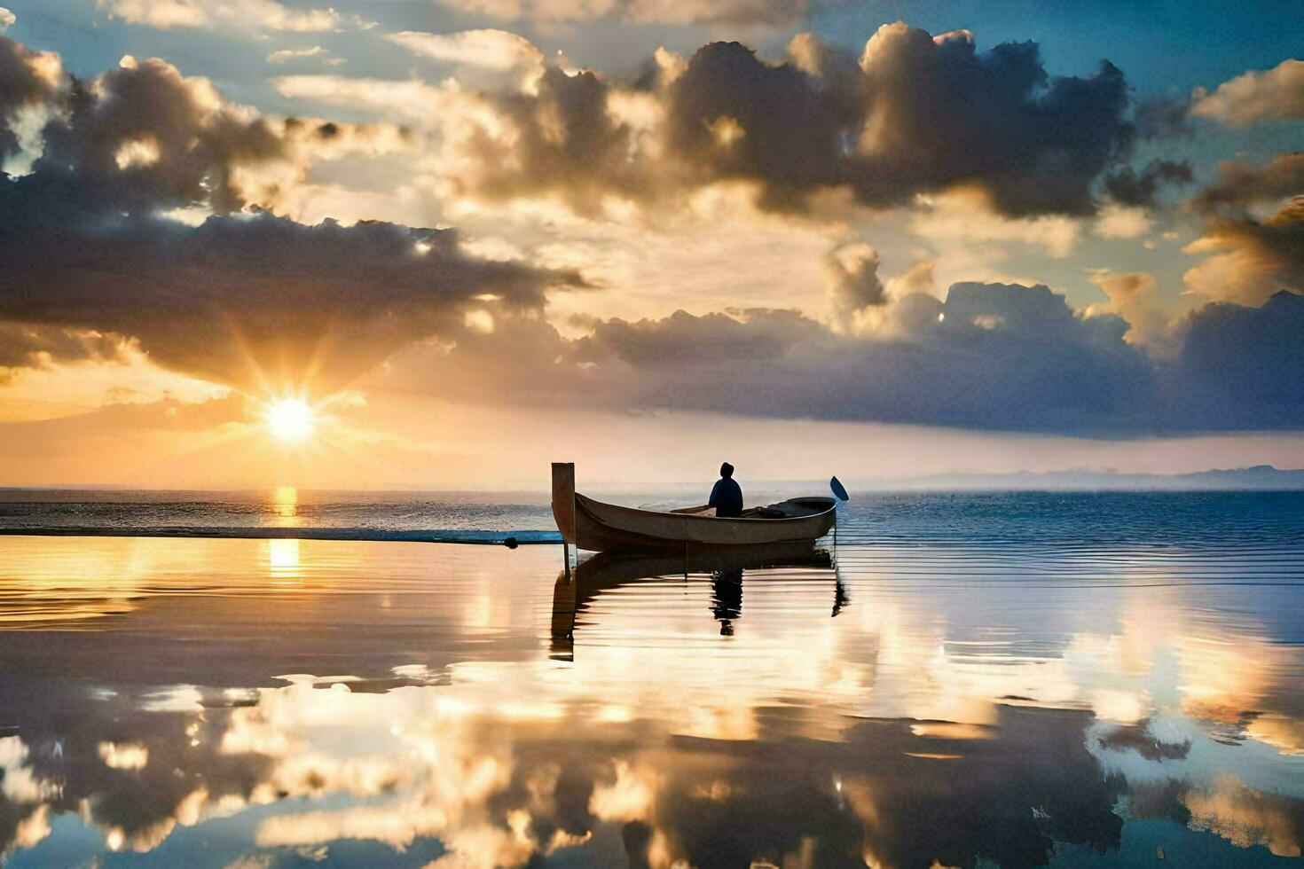 the boat is reflected in the water at sunset. AI-Generated photo