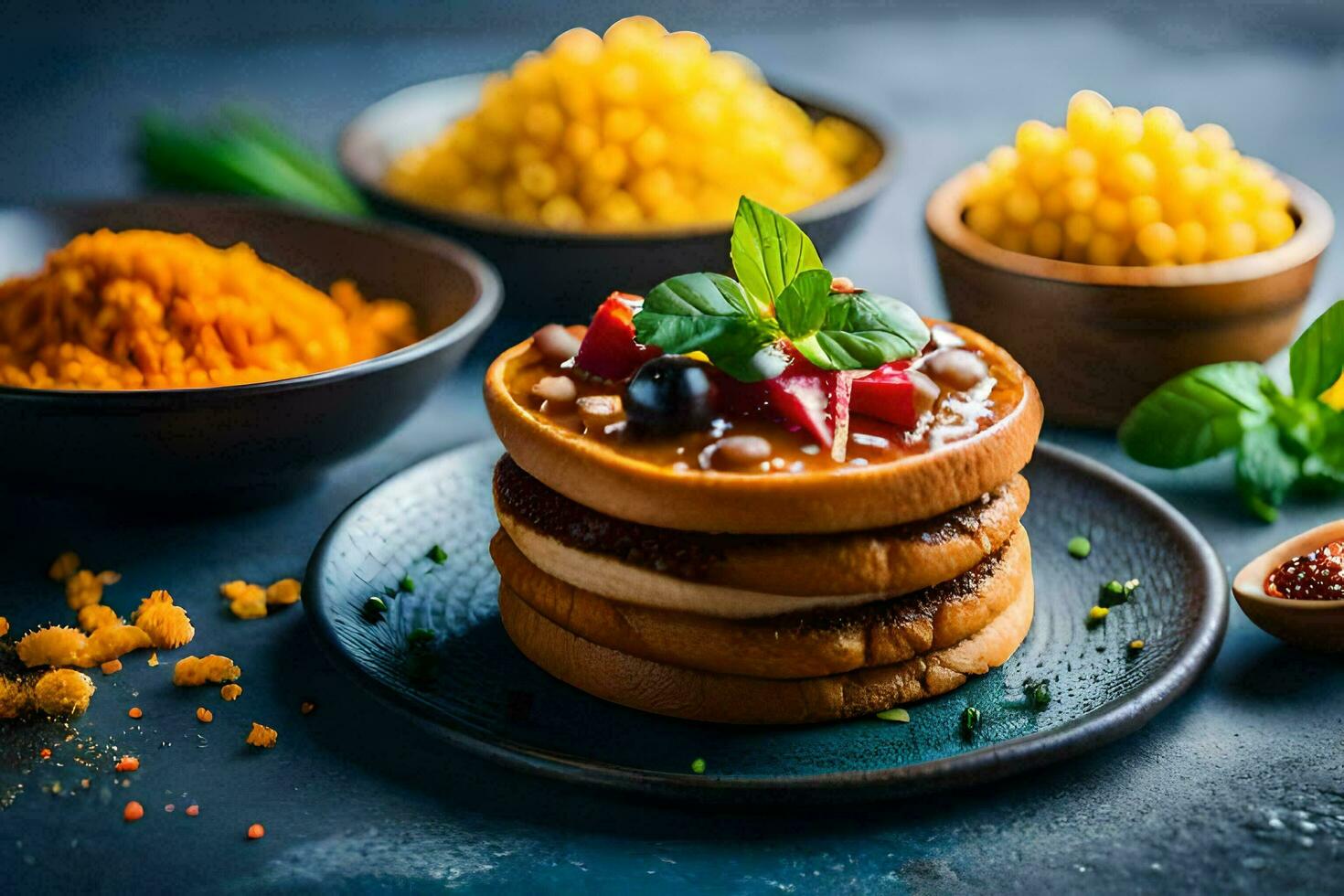 a stack of pancakes with berries and other ingredients. AI-Generated photo