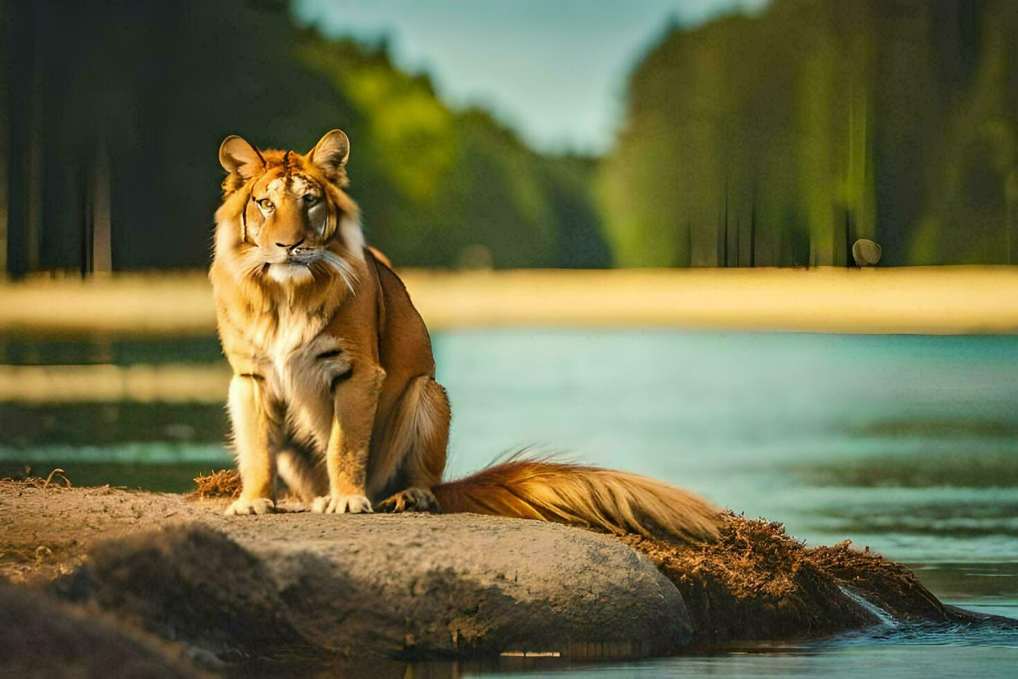 a tiger sitting on a rock by the water. AI-Generated photo
