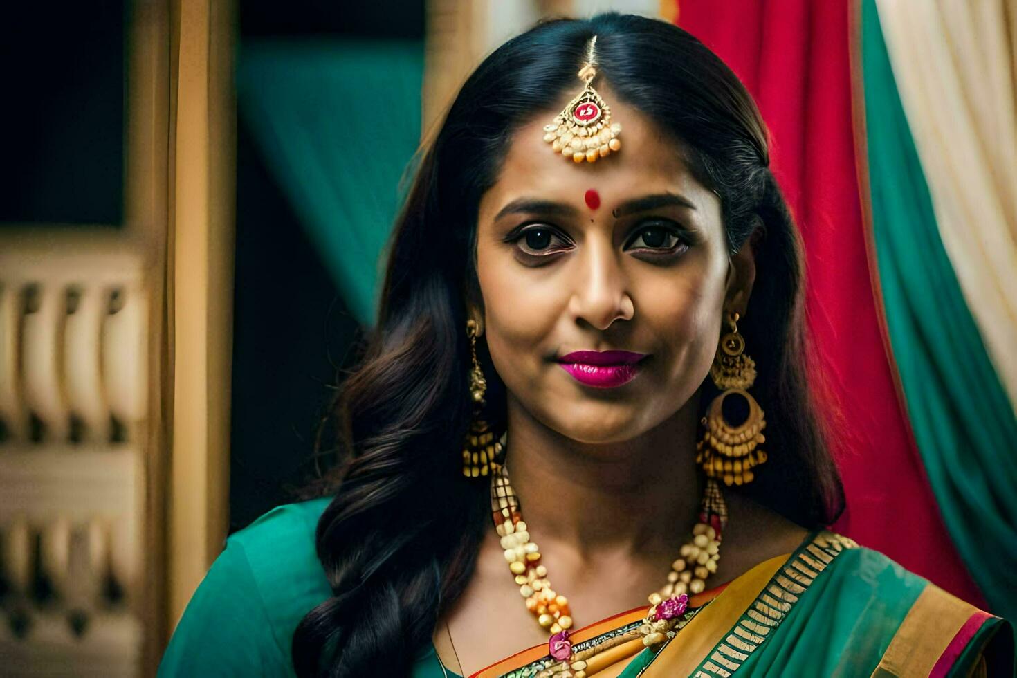 an indian woman in a green sari with gold jewelry. AI-Generated photo