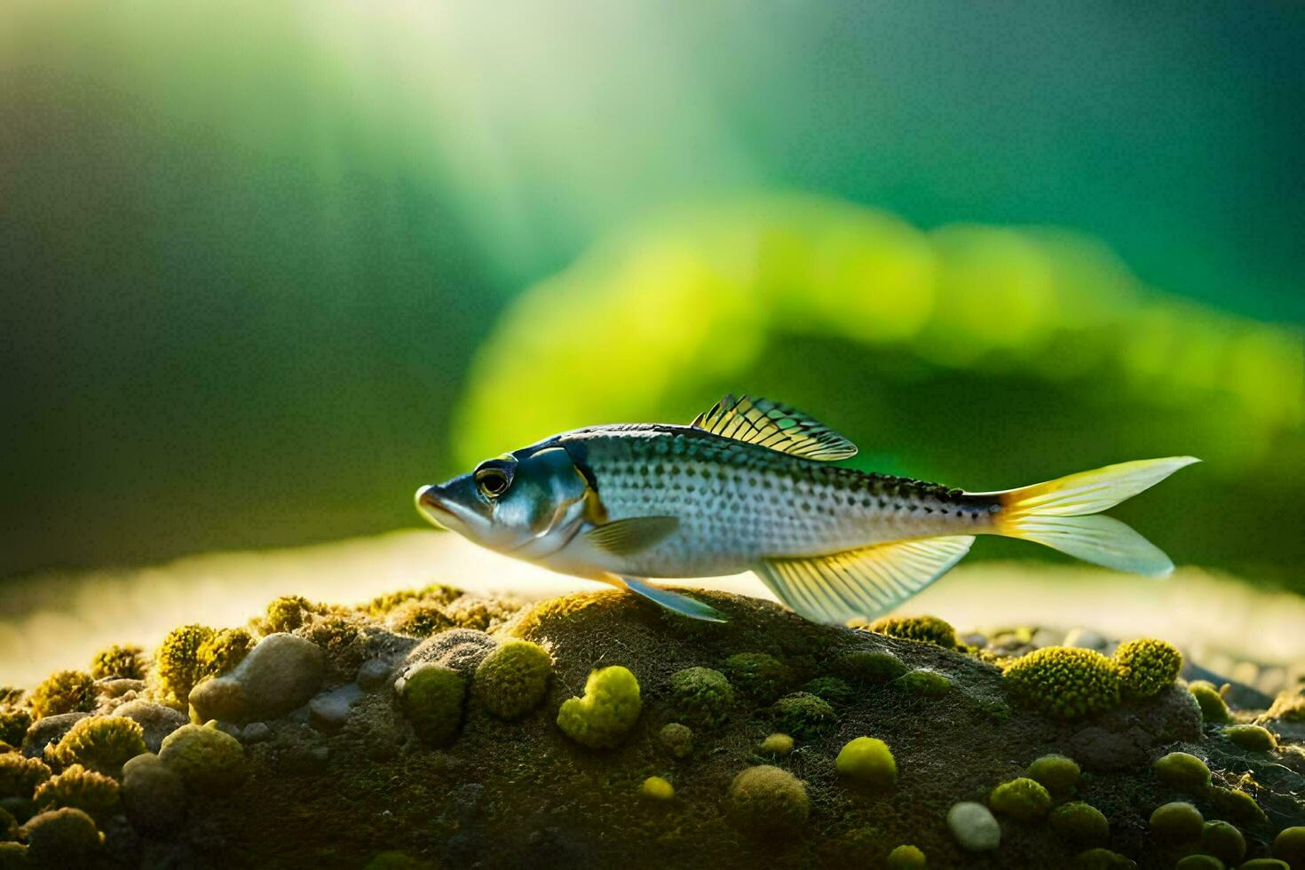 a fish is sitting on top of a rock. AI-Generated photo