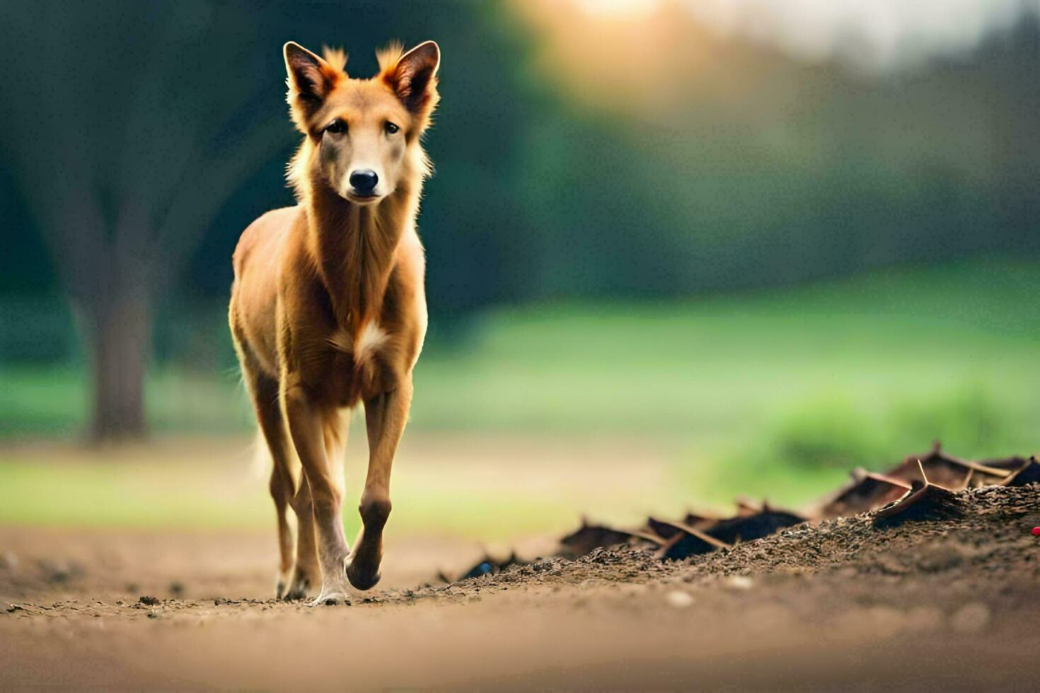 a dog walking on a dirt road in the middle of the day. AI-Generated photo