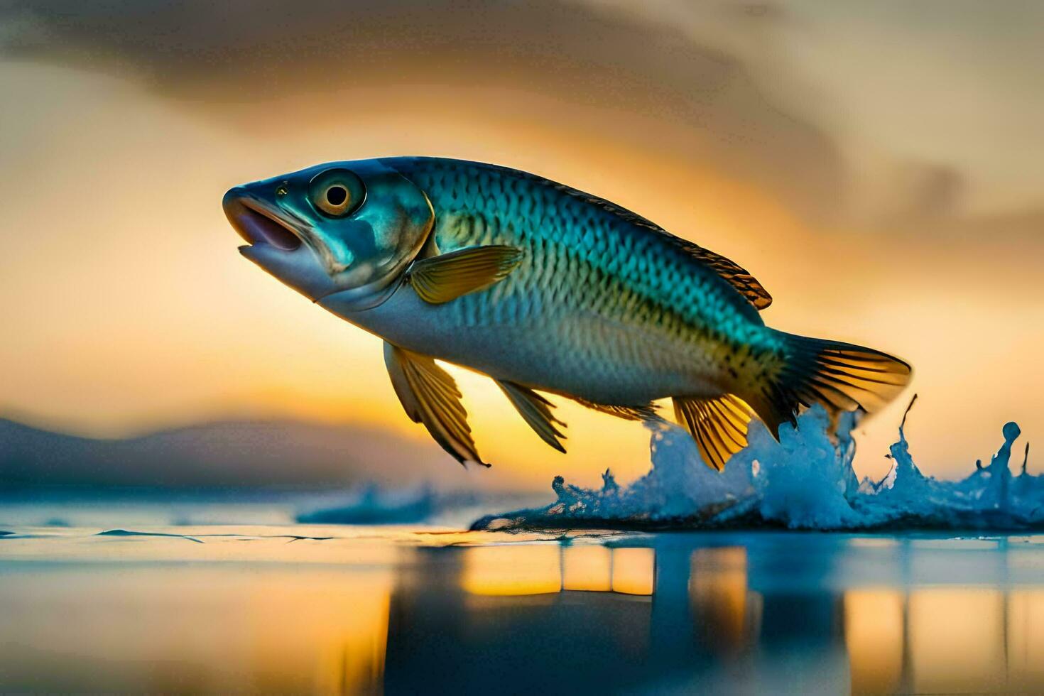 a fish jumping out of the water at sunset. AI-Generated photo
