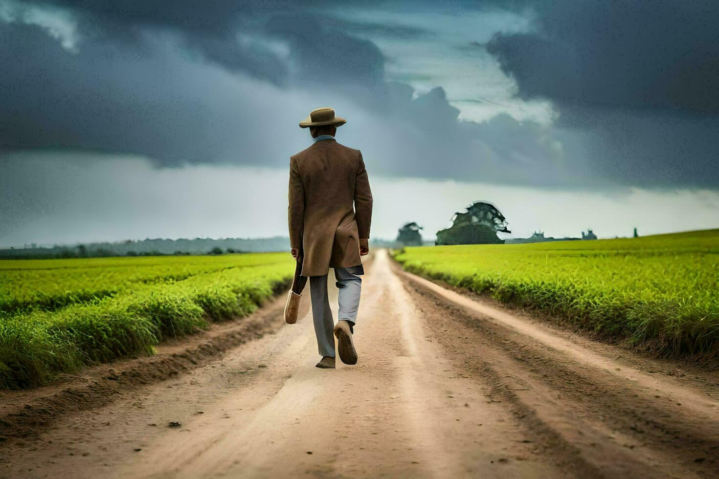 a man in a hat and coat walking down a dirt road. AI-Generated photo