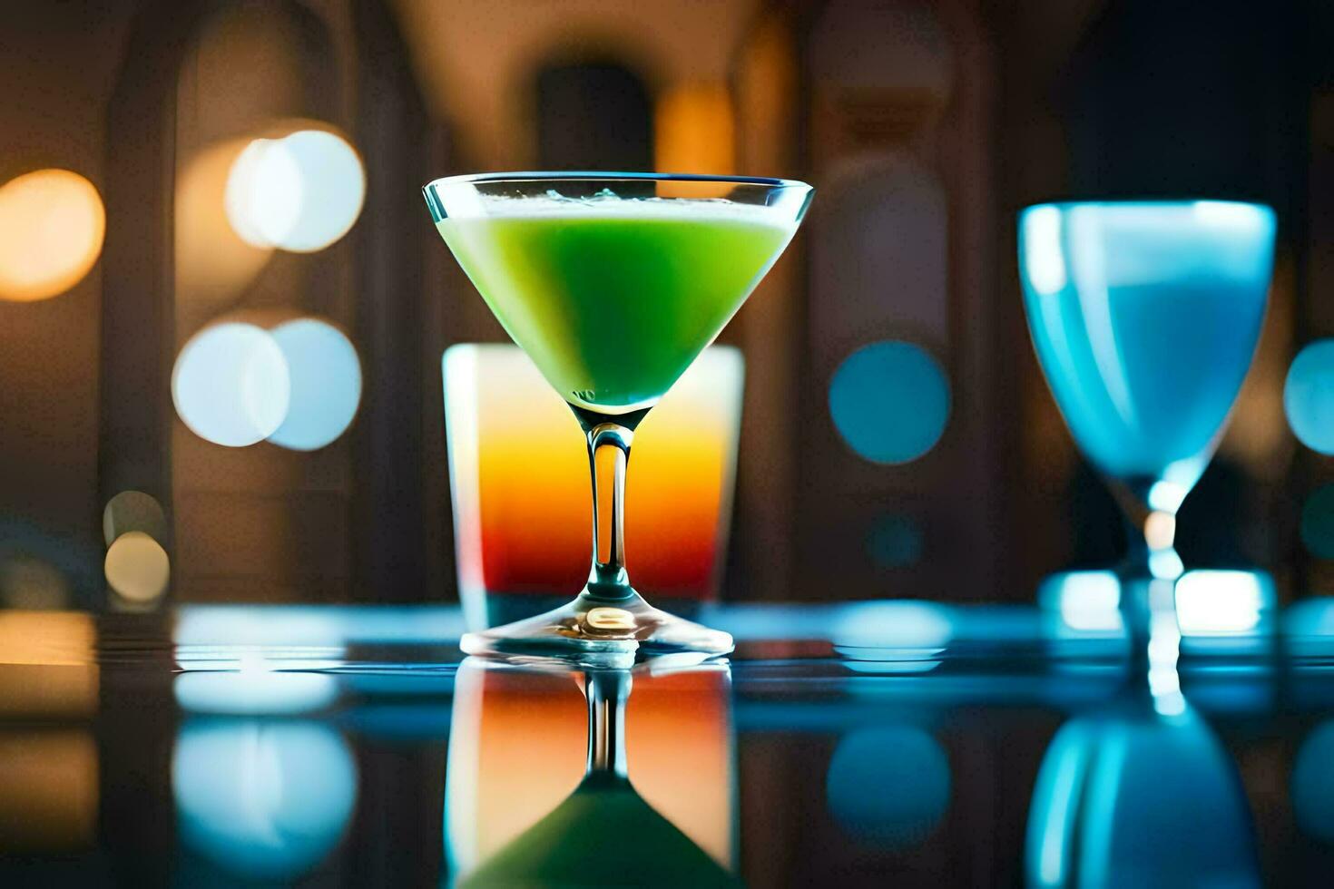 three different colored cocktails sit on a table. AI-Generated photo