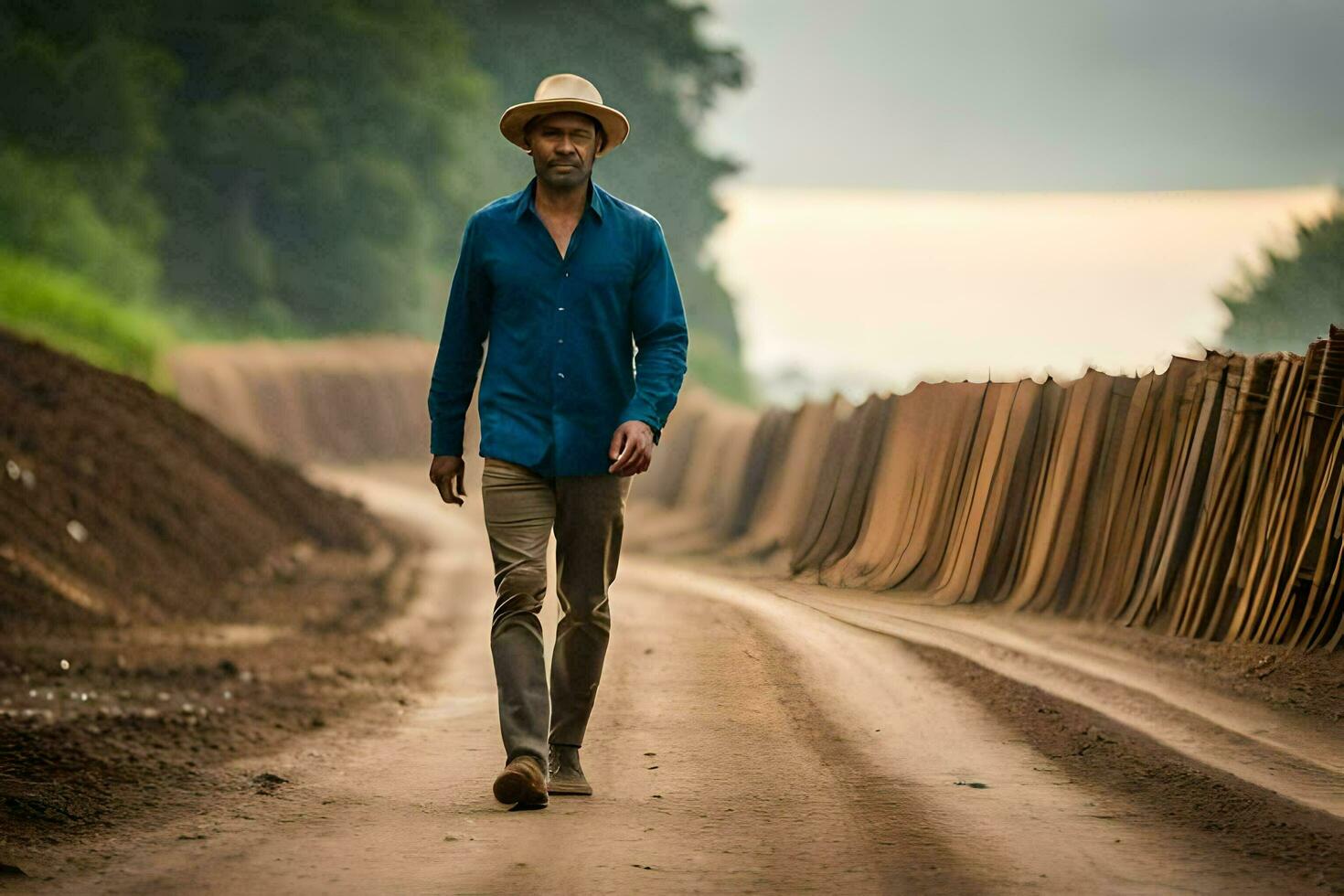 a man in a hat walks down a dirt road. AI-Generated photo