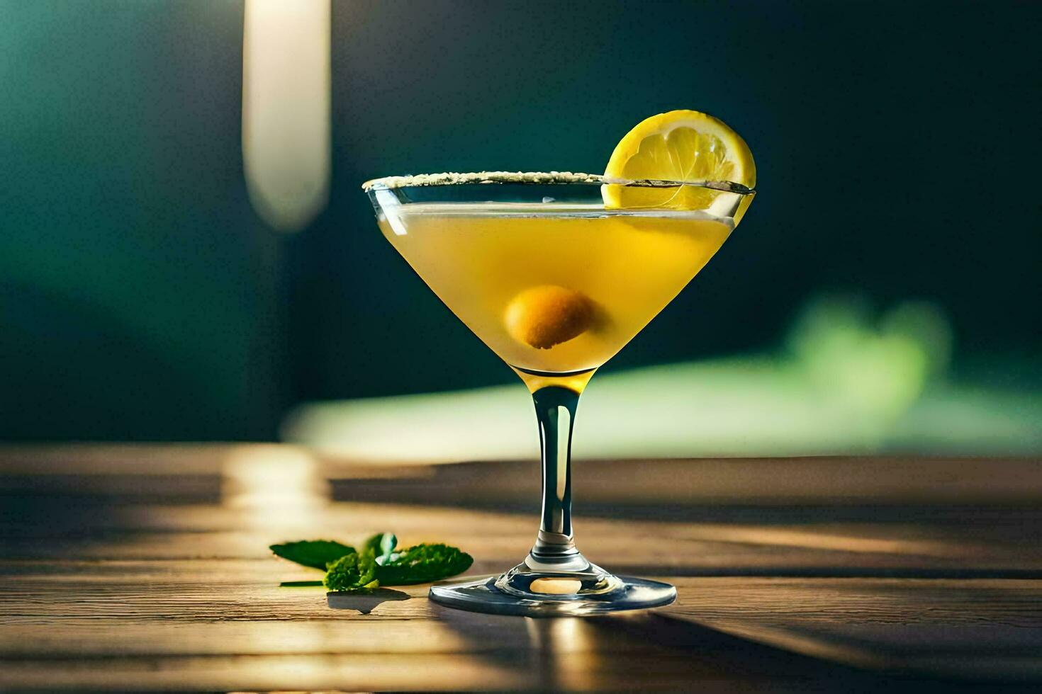 a cocktail with lemon and mint on a wooden table. AI-Generated photo