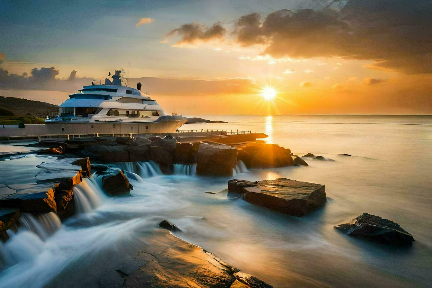 a yacht docked at sunset on the ocean. AI-Generated photo