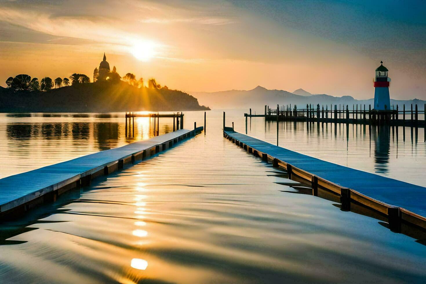 a pier with a lighthouse at sunset. AI-Generated photo