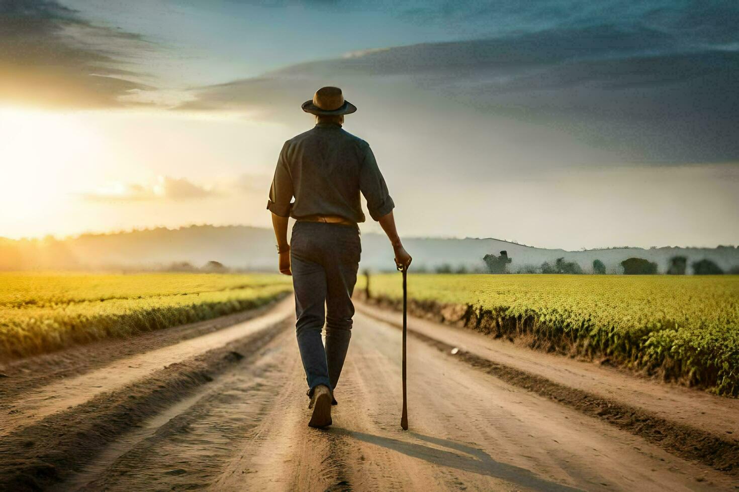 a man walking down a dirt road with a cane. AI-Generated photo