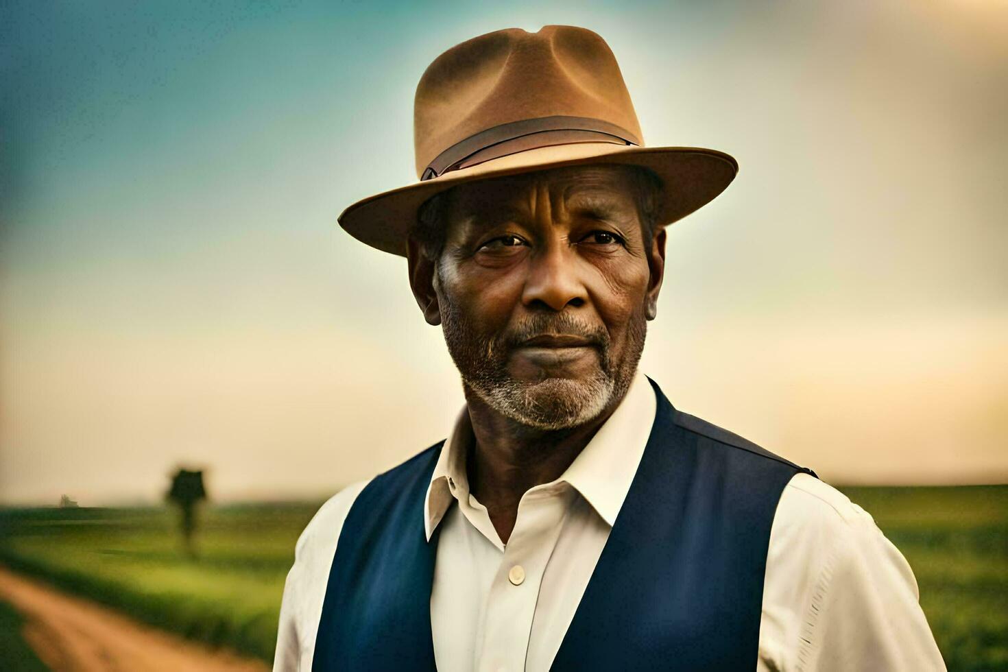 a man in a hat and vest standing in a field. AI-Generated photo