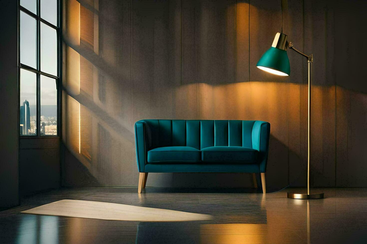 a blue couch in a room with a lamp. AI-Generated photo
