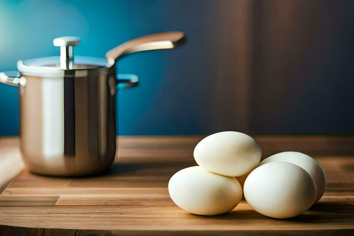 a wooden table with four eggs and a pot. AI-Generated photo