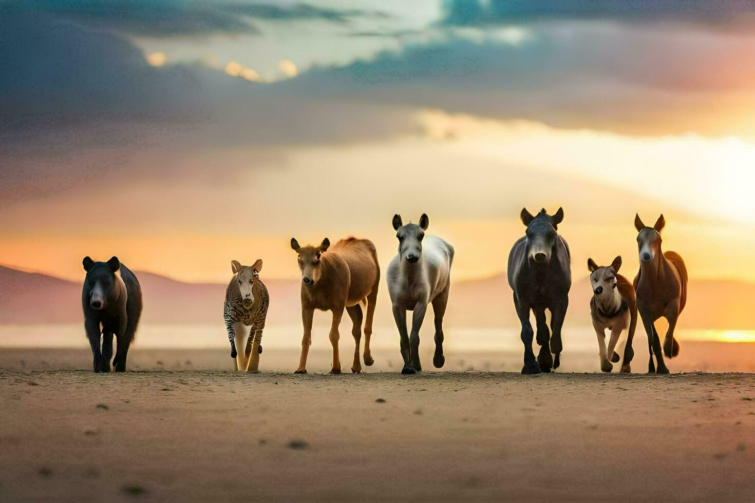 a group of horses running on the beach at sunset. AI-Generated photo