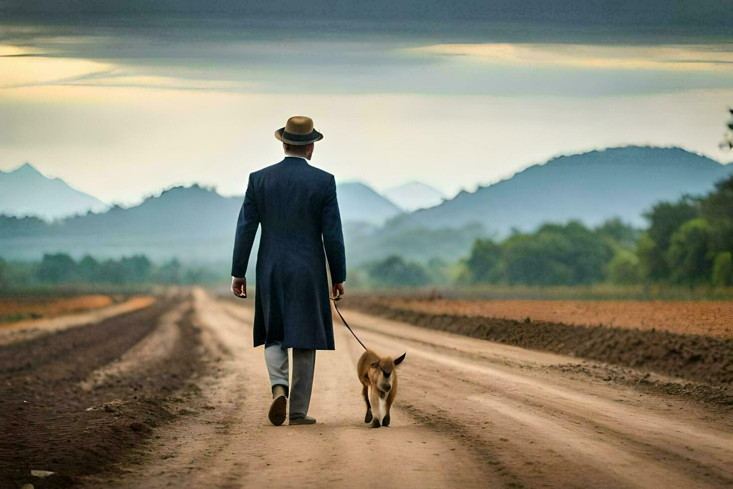 un hombre en un traje y sombrero caminando su perro abajo un suciedad la carretera. generado por ai foto