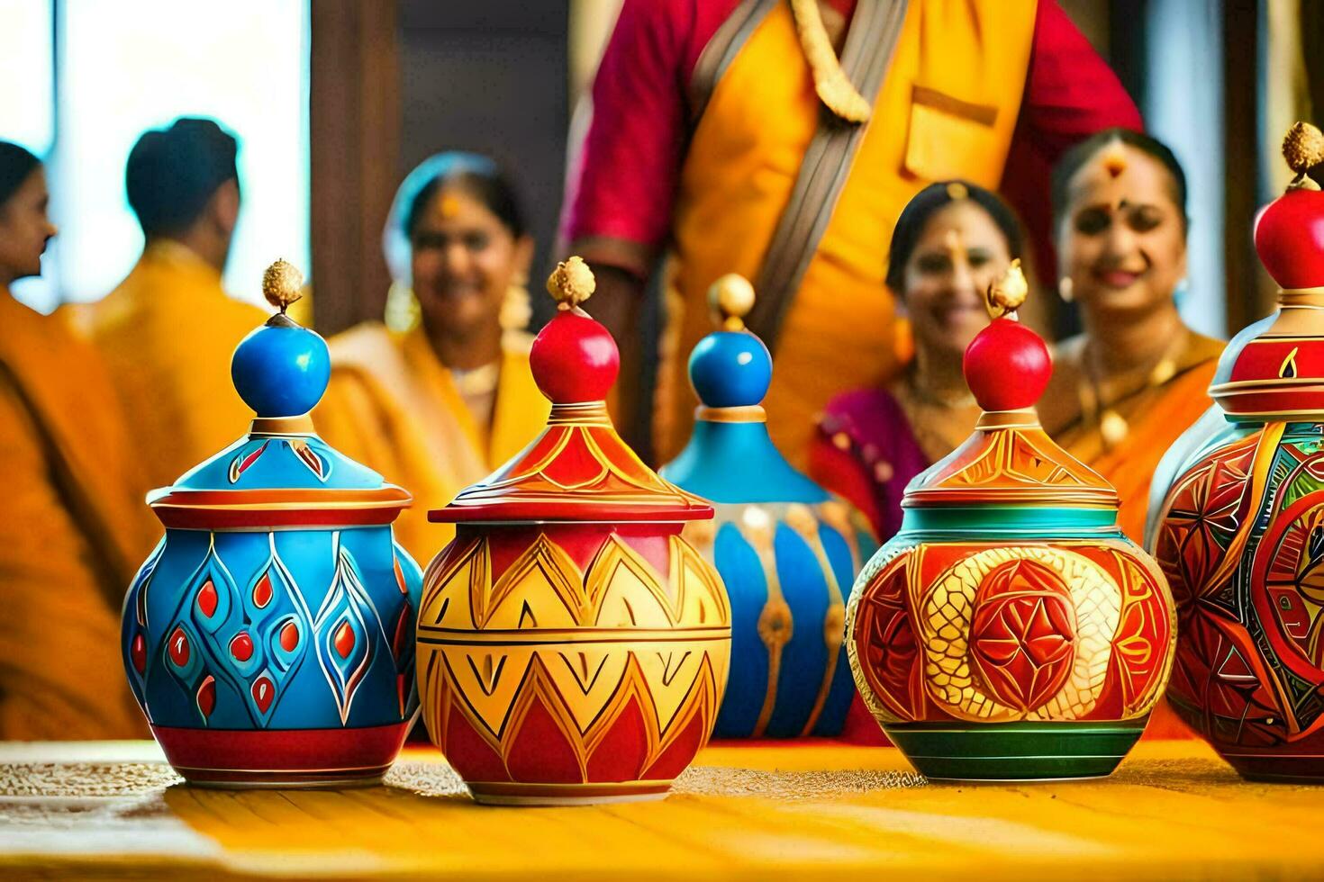 a group of people in traditional indian clothing are standing around a table with colorful vases. AI-Generated photo