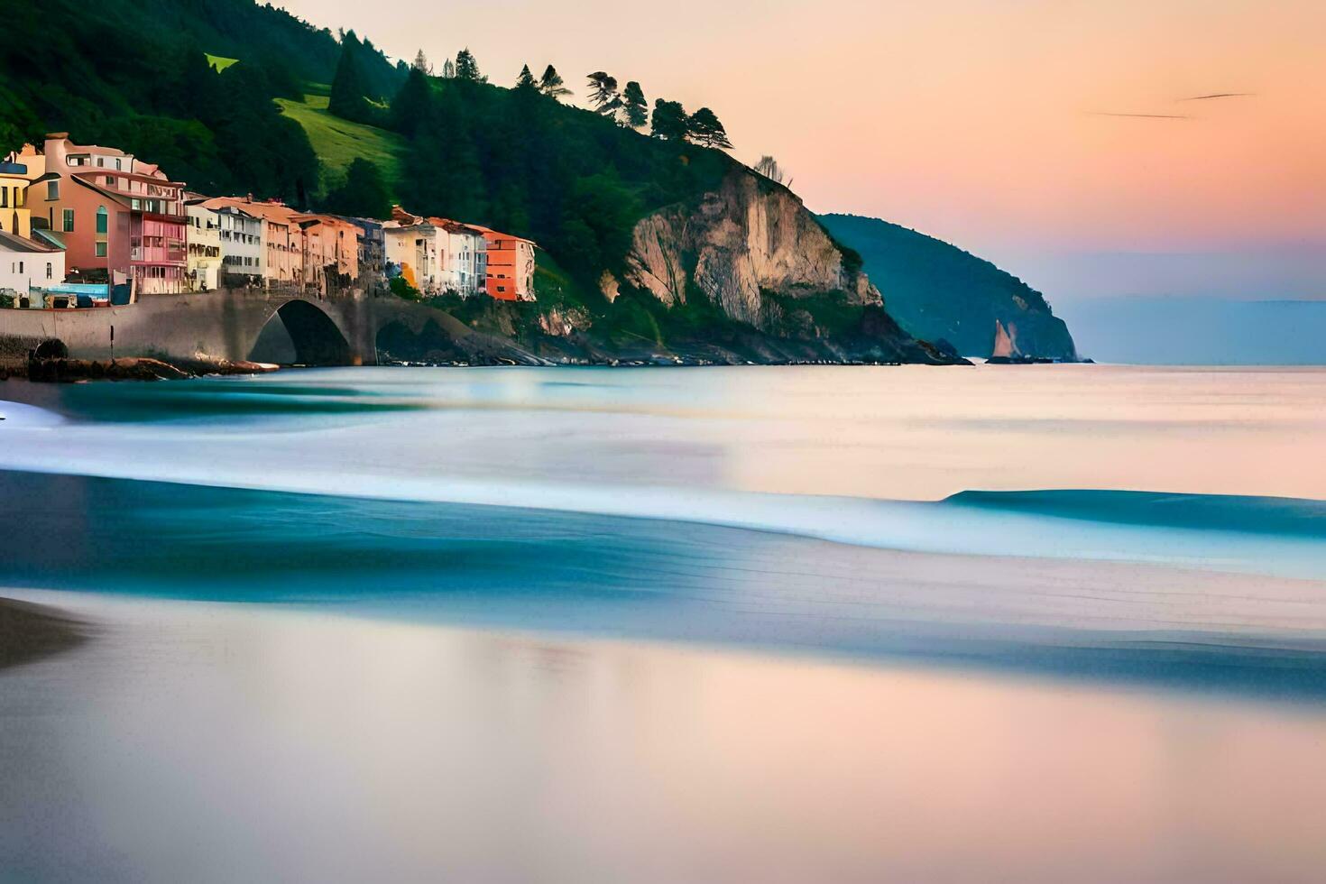 a beach with houses and a bridge at sunset. AI-Generated photo