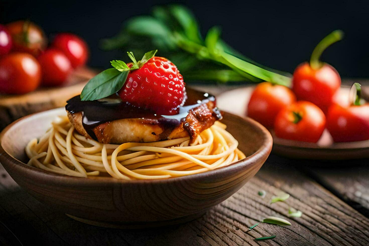 chicken with spaghetti and cherry tomatoes on a wooden table. AI-Generated photo
