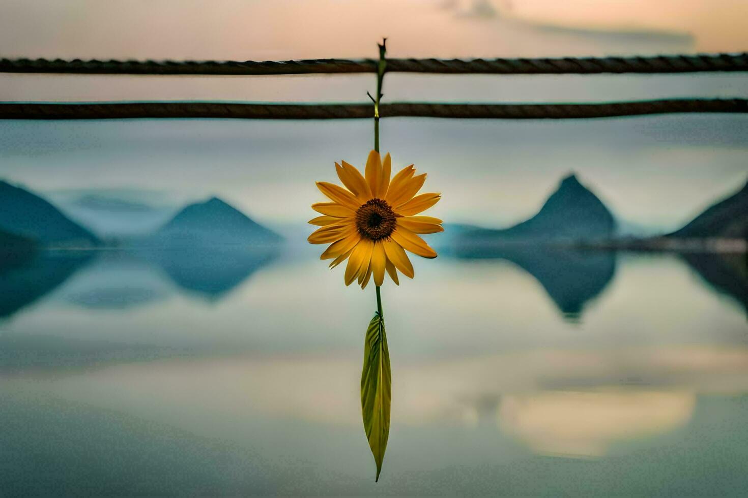 sunflower hanging from a rope over a lake. AI-Generated photo