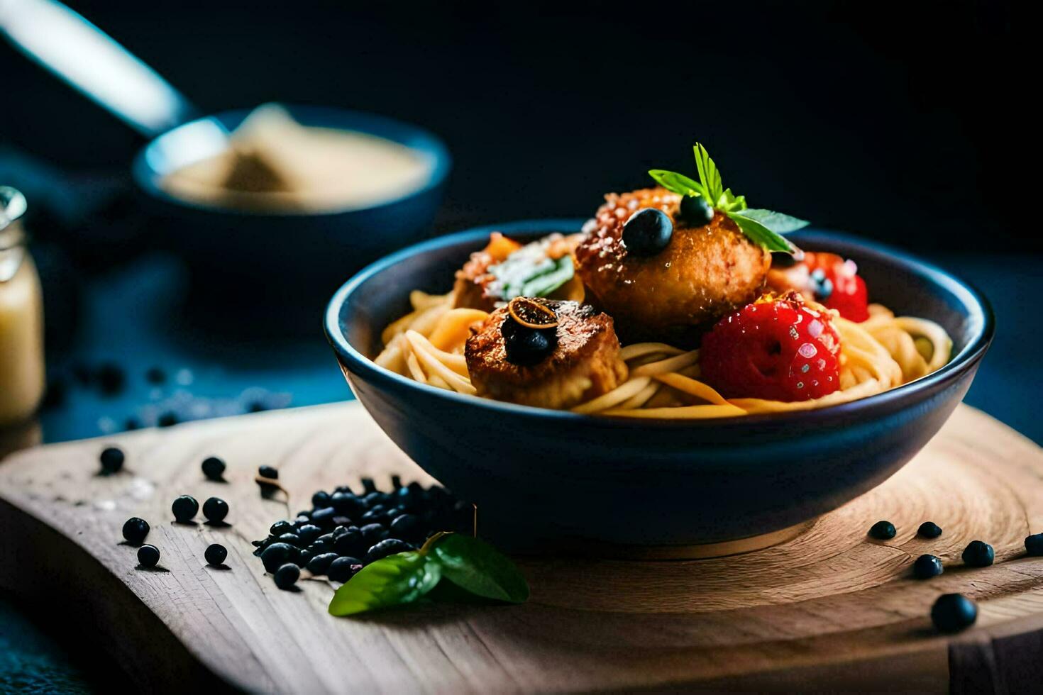 spaghetti with meatballs and berries in a bowl. AI-Generated photo