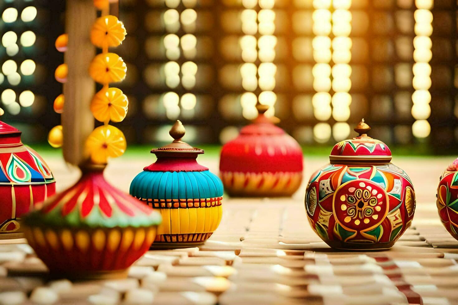 colorful decorative pots and vases on a table. AI-Generated photo
