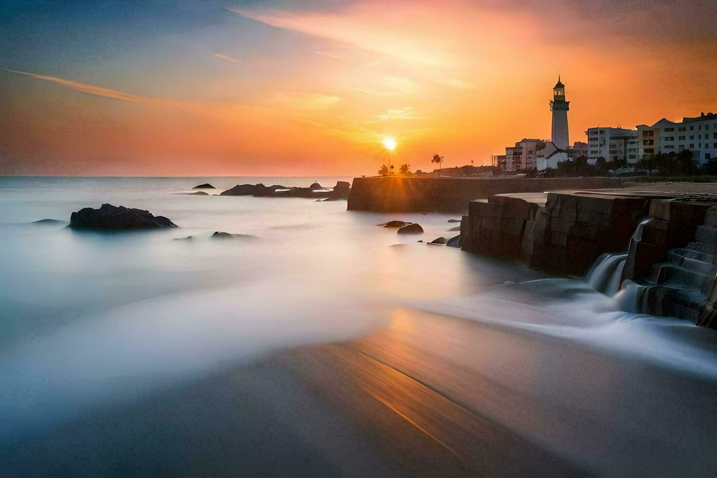 un faro es visto en el puesta de sol terminado el océano. generado por ai foto