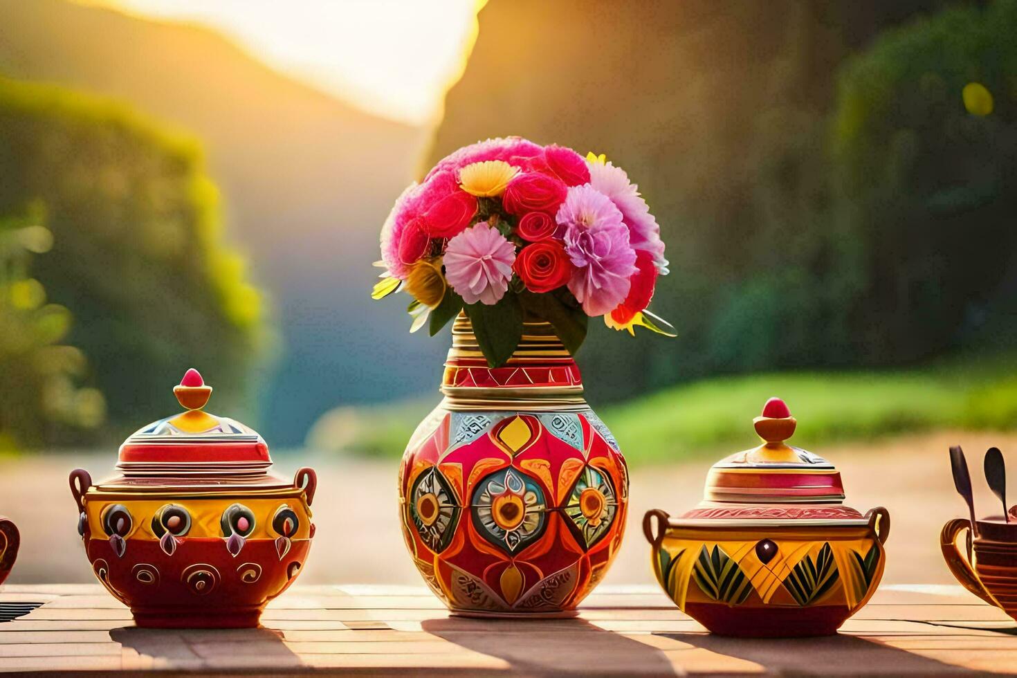 colorful vases with flowers on a table. AI-Generated photo