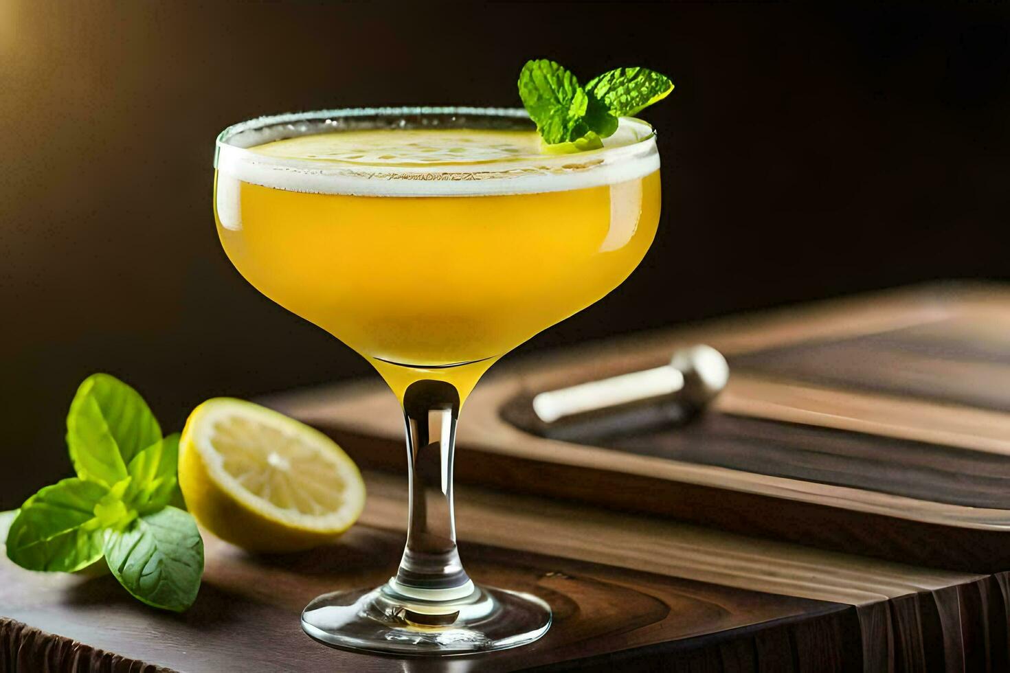 a cocktail with lemon and mint on a wooden table. AI-Generated photo