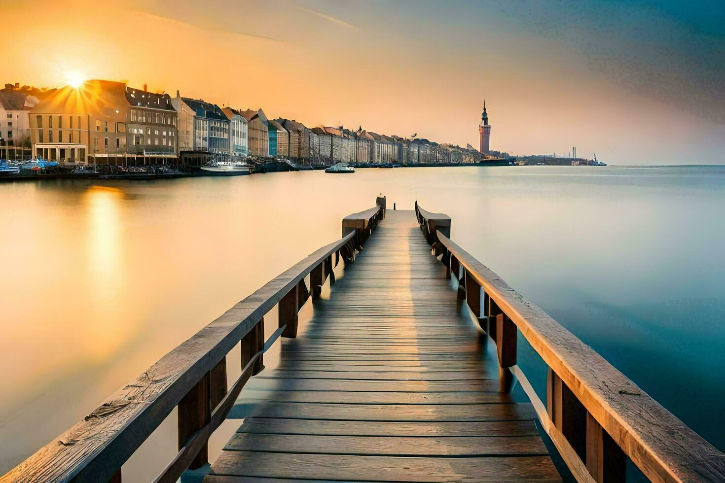 a wooden pier leads to the water in front of a city. AI-Generated photo