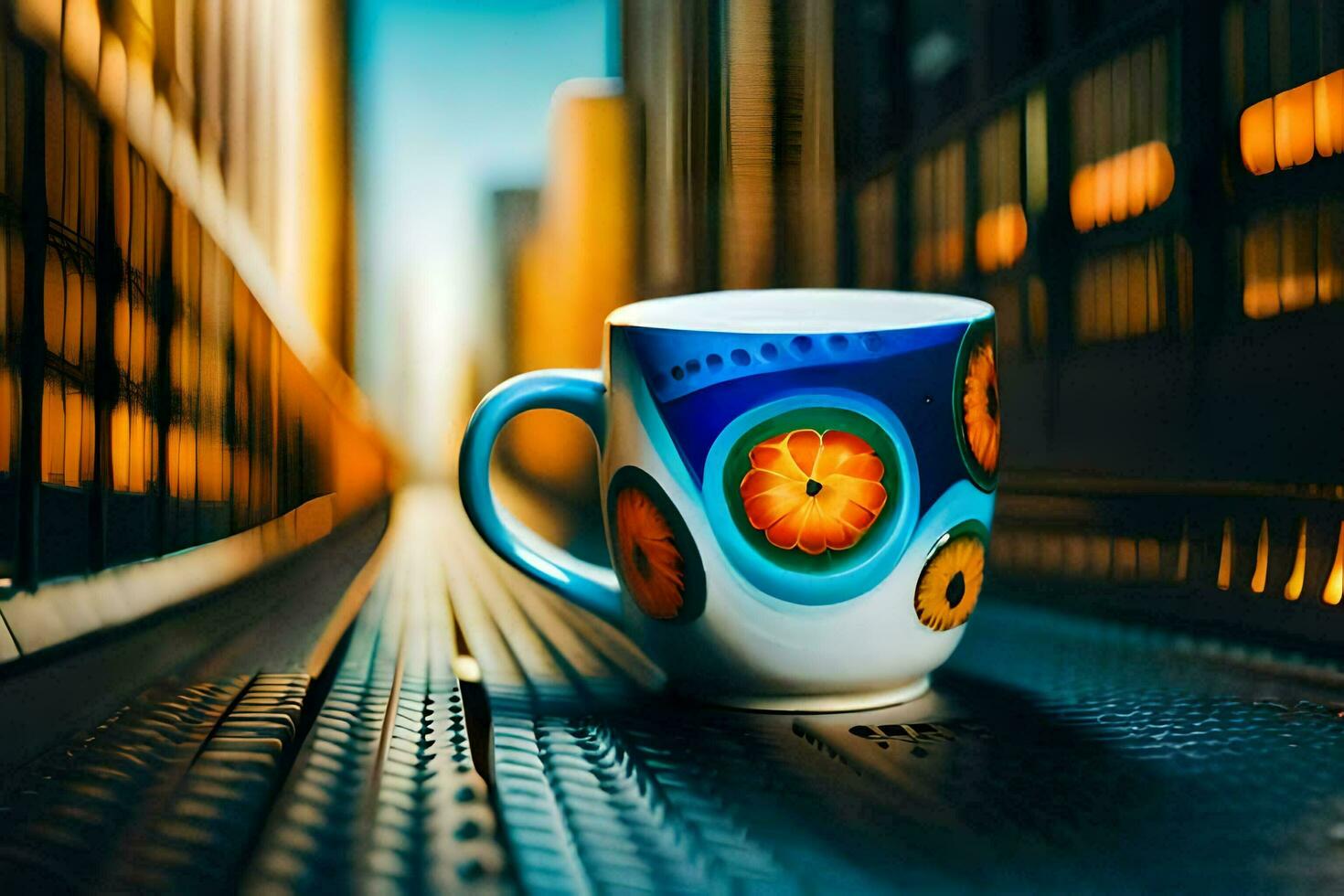 a coffee cup sitting on a table in front of a city skyline. AI-Generated photo