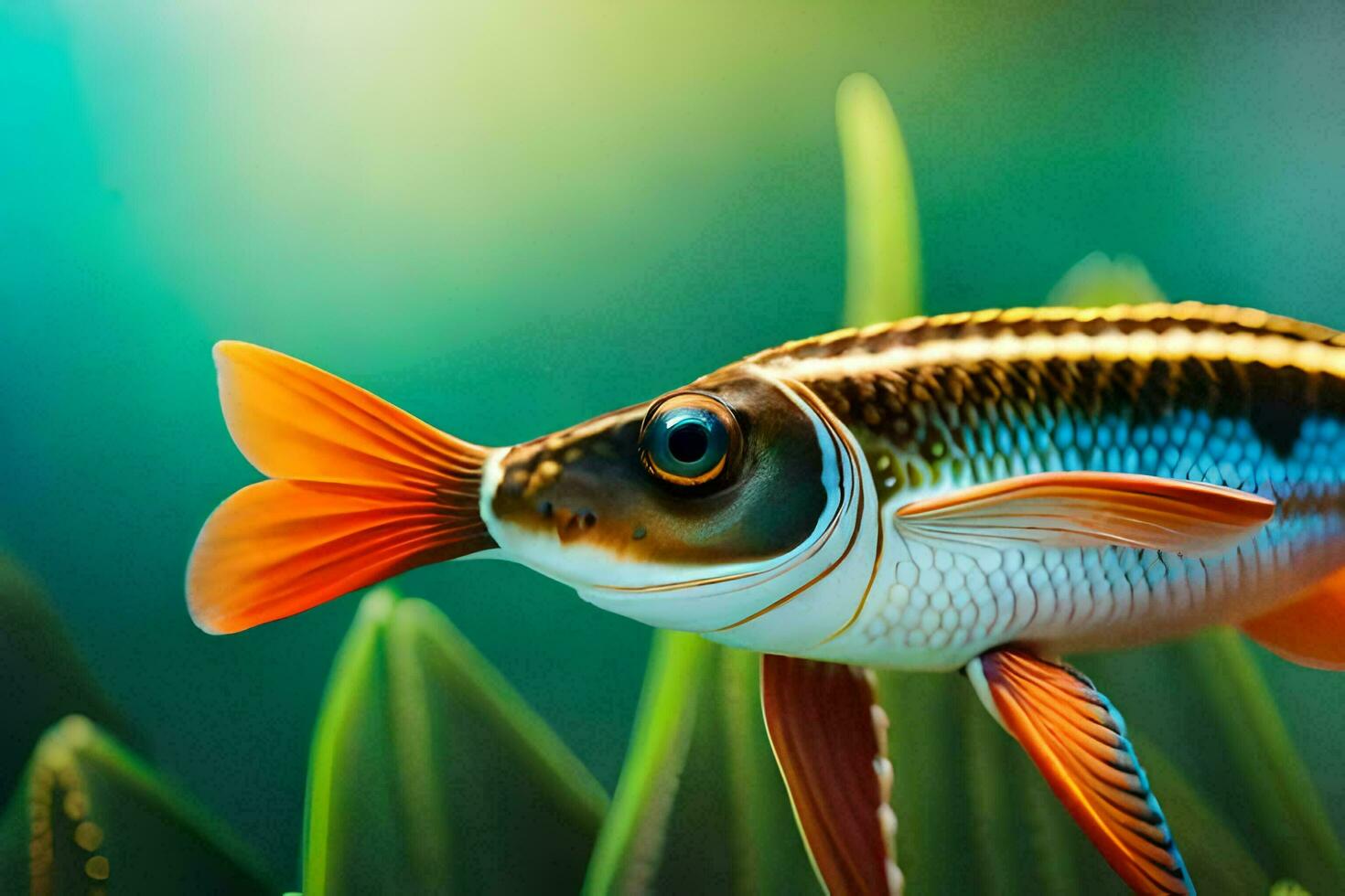 a fish with a long tail and orange fins. AI-Generated photo