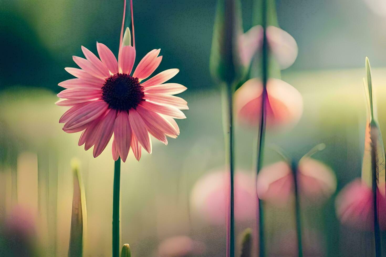 a pink flower is standing in the middle of a field. AI-Generated photo