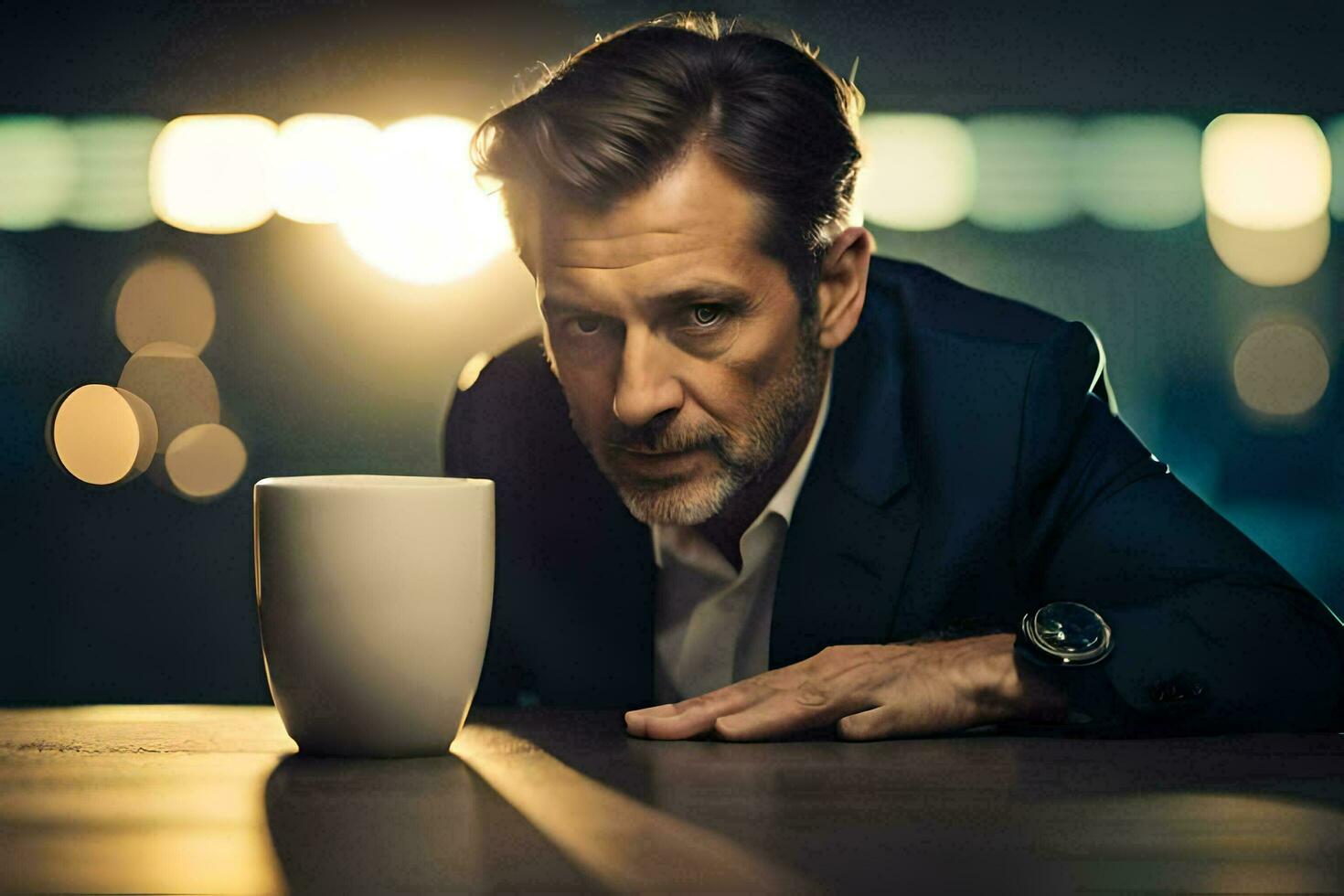 un hombre en un traje es mirando a un café taza. generado por ai foto