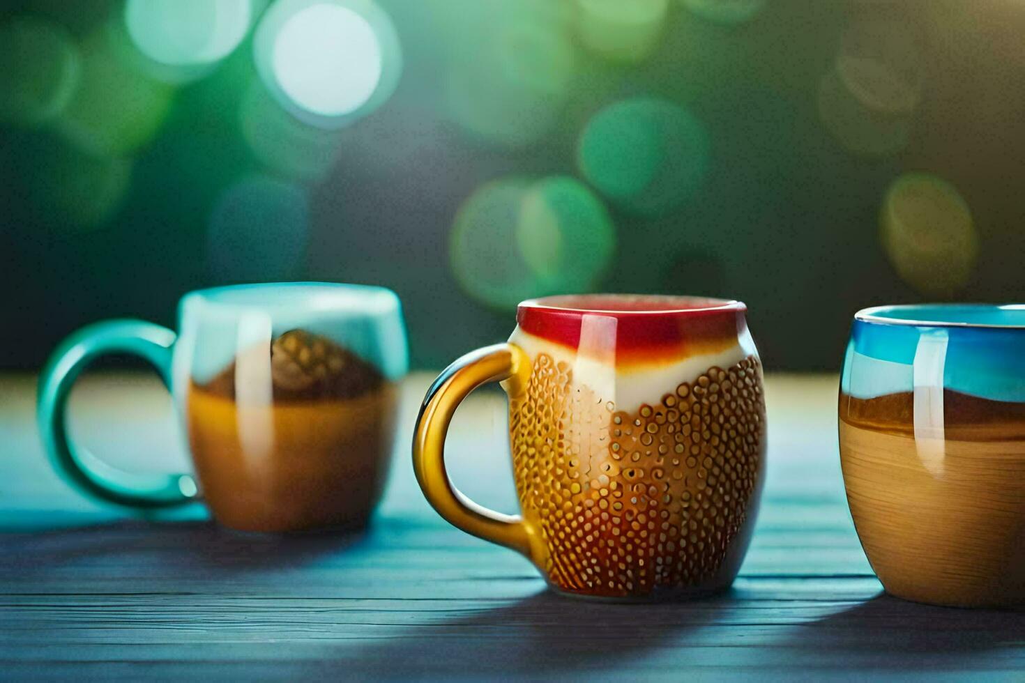 three colorful mugs sitting on a wooden table. AI-Generated photo