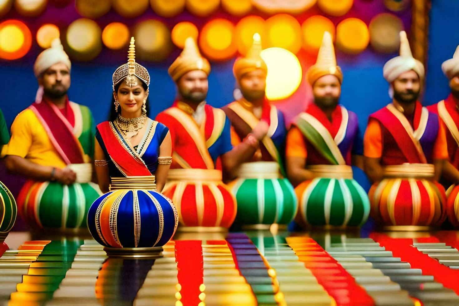 a group of people in colorful costumes standing in front of a drum. AI-Generated photo