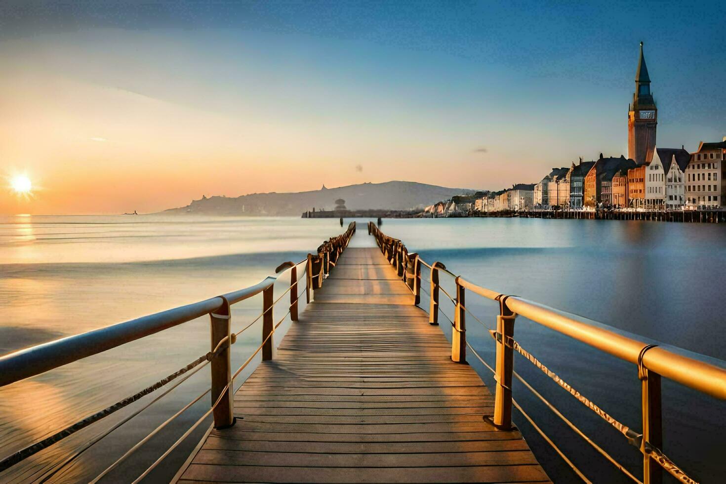 un de madera muelle Guías a el mar a puesta de sol. generado por ai foto