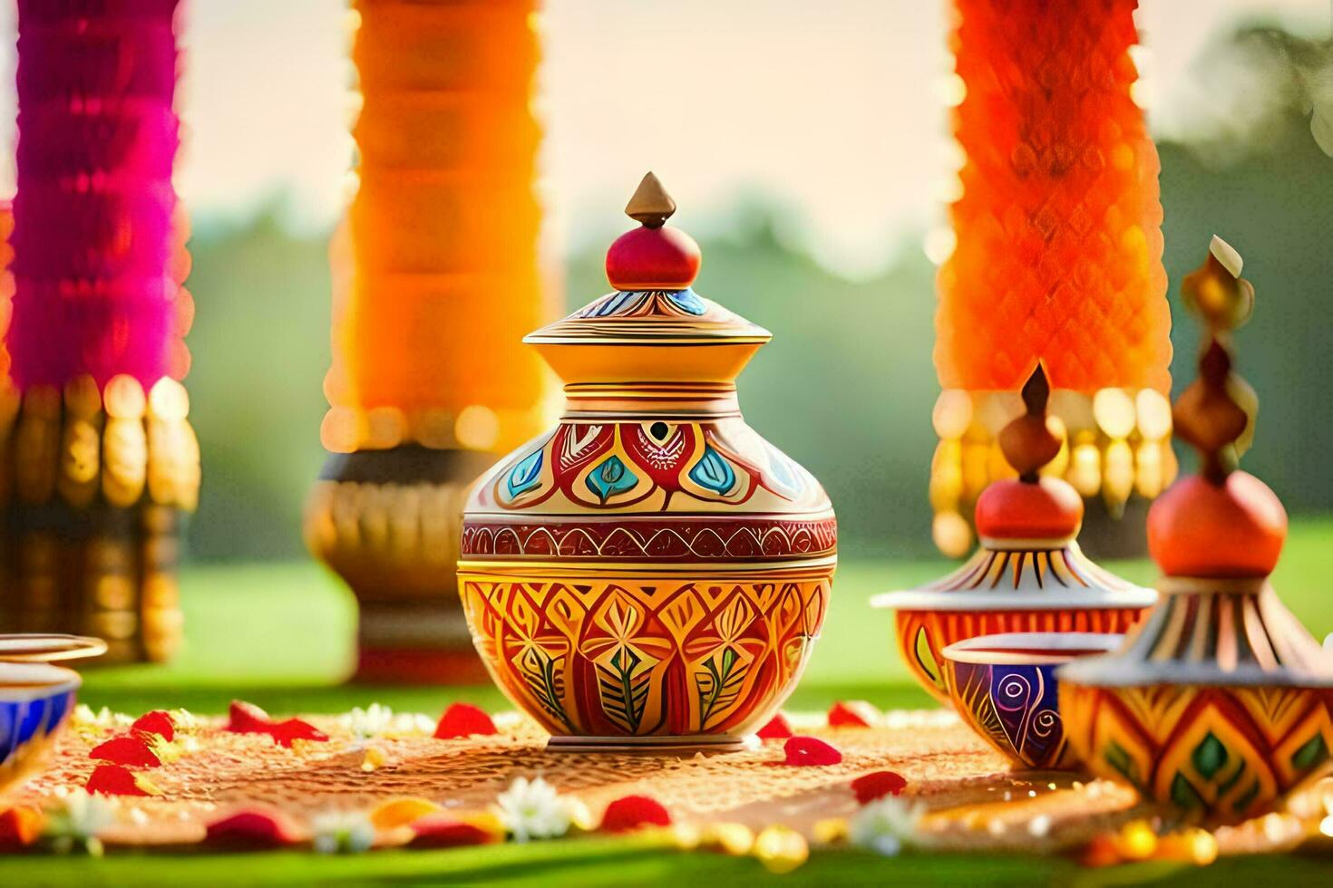 colorful vases and bowls sit on the grass. AI-Generated photo