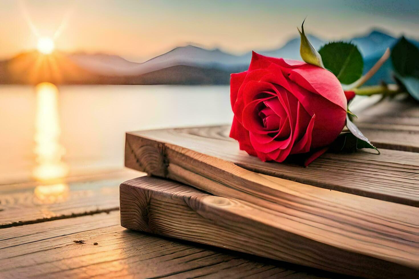 a red rose sits on a wooden table in front of a lake. AI-Generated photo