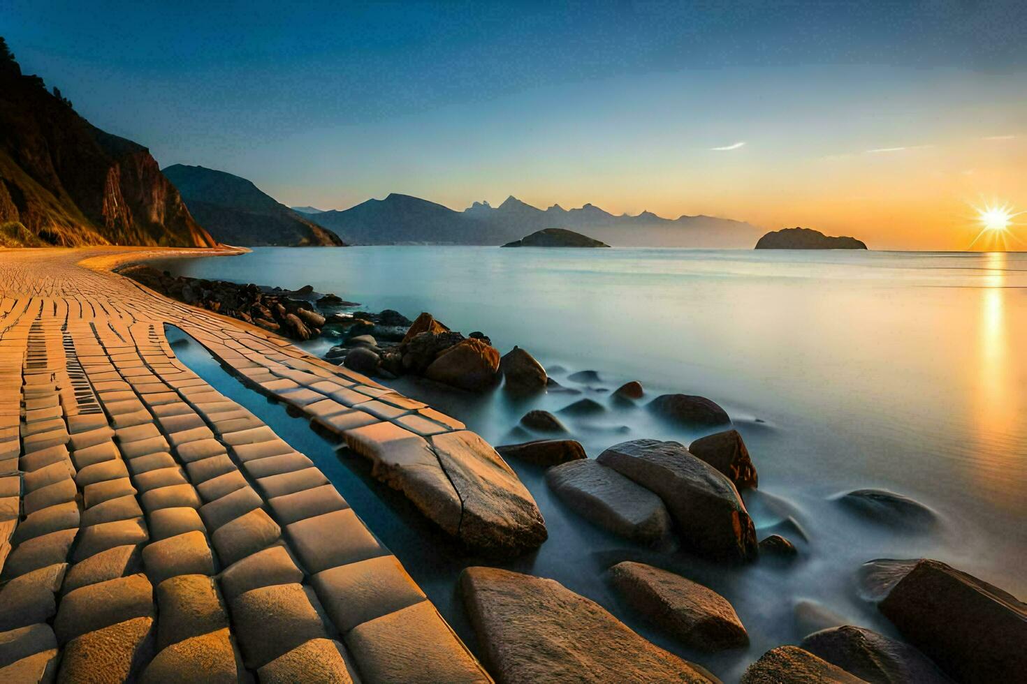 the sun sets over a beach with rocks and water. AI-Generated photo