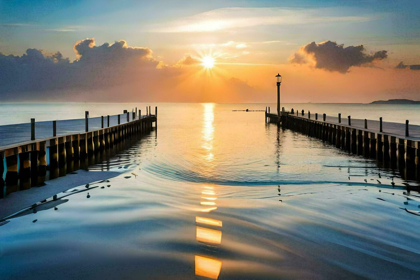 a pier at sunset with the sun shining. AI-Generated photo