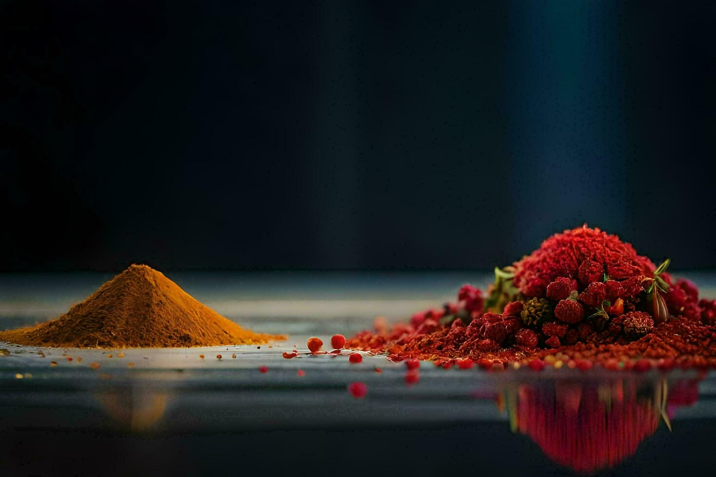 a pile of red berries and a pile of spices. AI-Generated photo