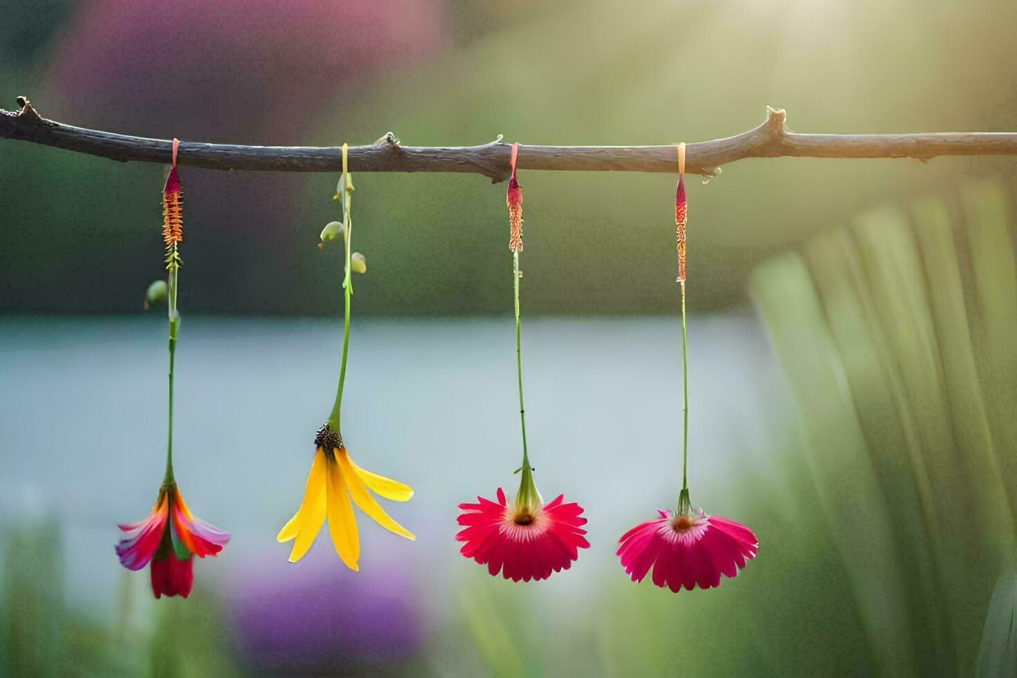 four flowers hanging from a branch. AI-Generated photo