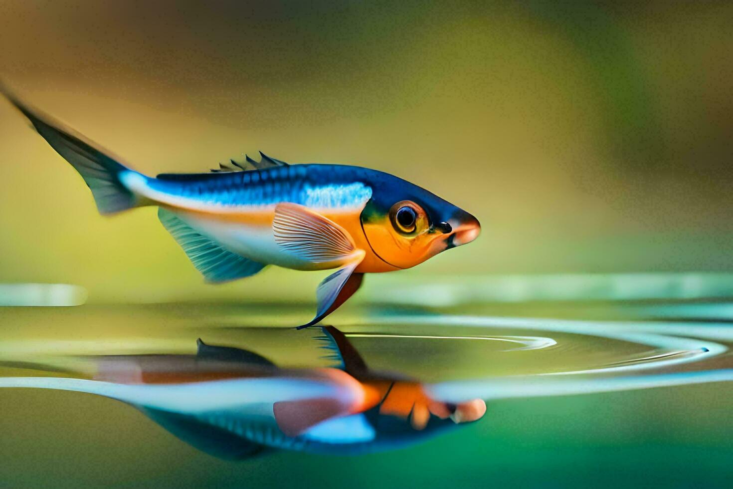 a fish with a blue and orange body is reflected in the water. AI-Generated photo