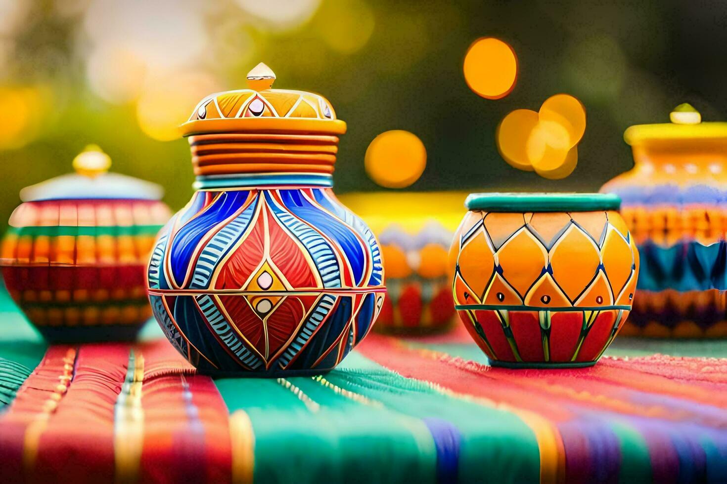 colorful pottery on a table with a bright background. AI-Generated photo
