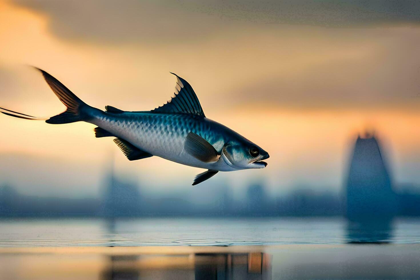 a fish is flying over the water at sunset. AI-Generated photo