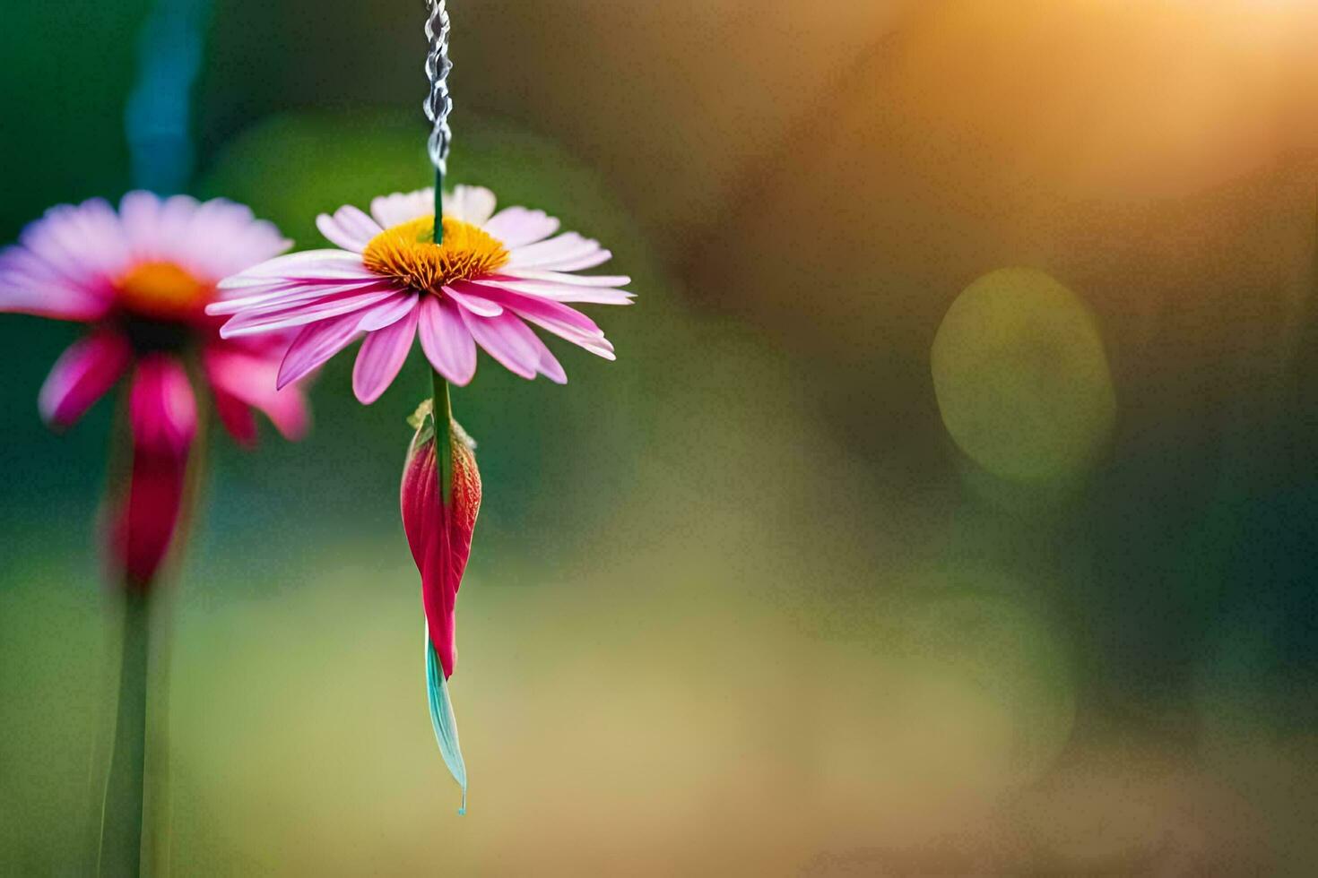two pink flowers hanging from a string. AI-Generated photo