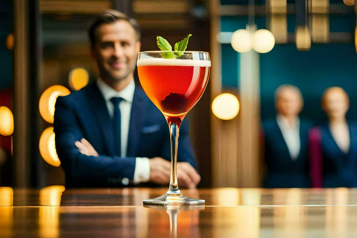 a man in a suit is standing behind a bar with a drink. AI-Generated photo