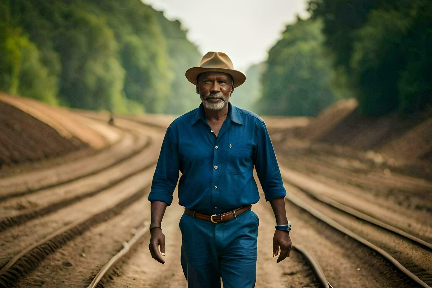 un hombre en un sombrero en pie en un tren pista. generado por ai foto