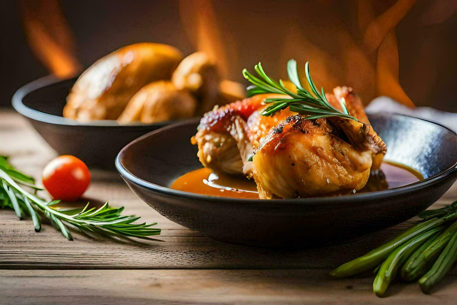 chicken with gravy and rosemary on a wooden table. AI-Generated photo